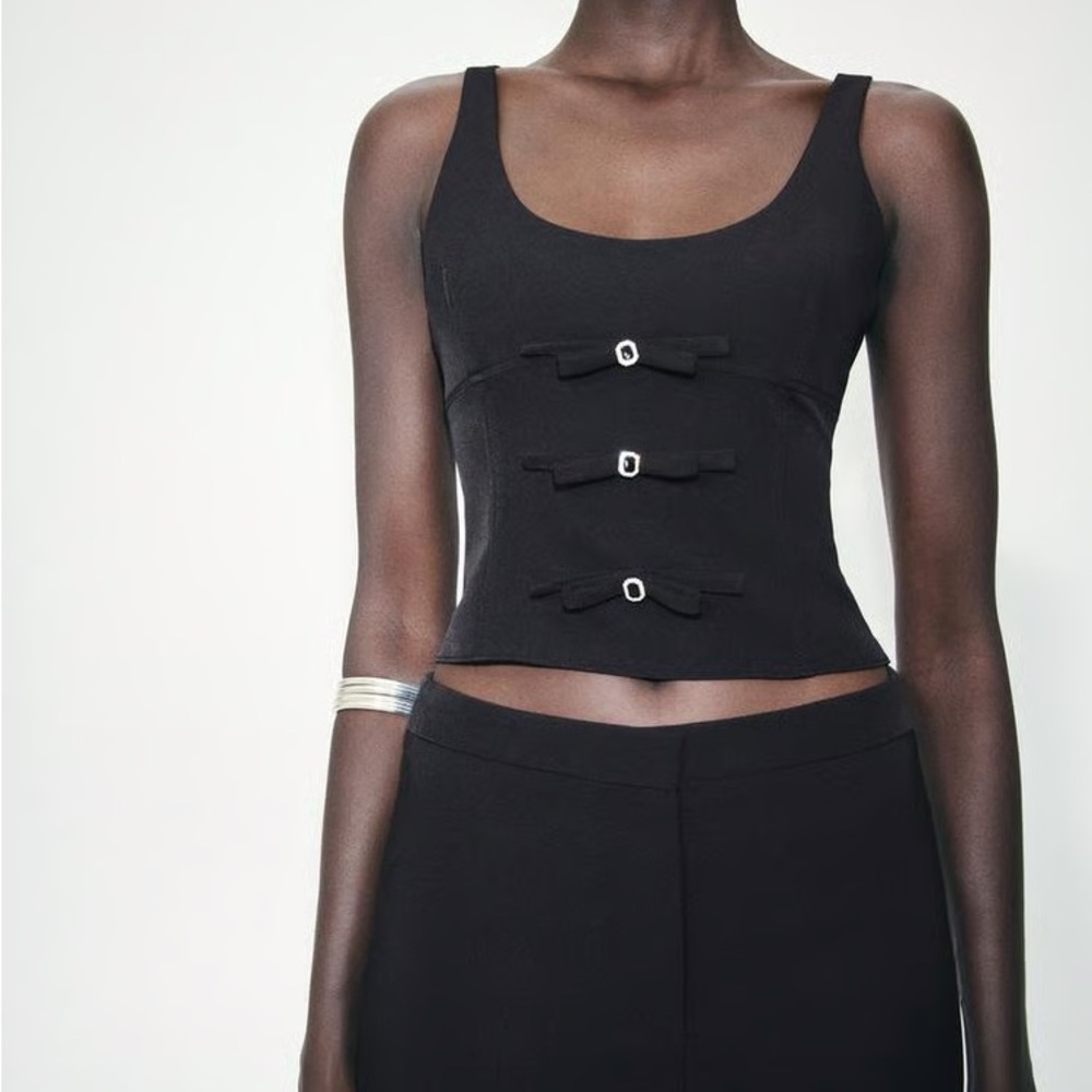 Zara black crop tank top with silver rhinestones embellishment bows S - Picture 1 of 2